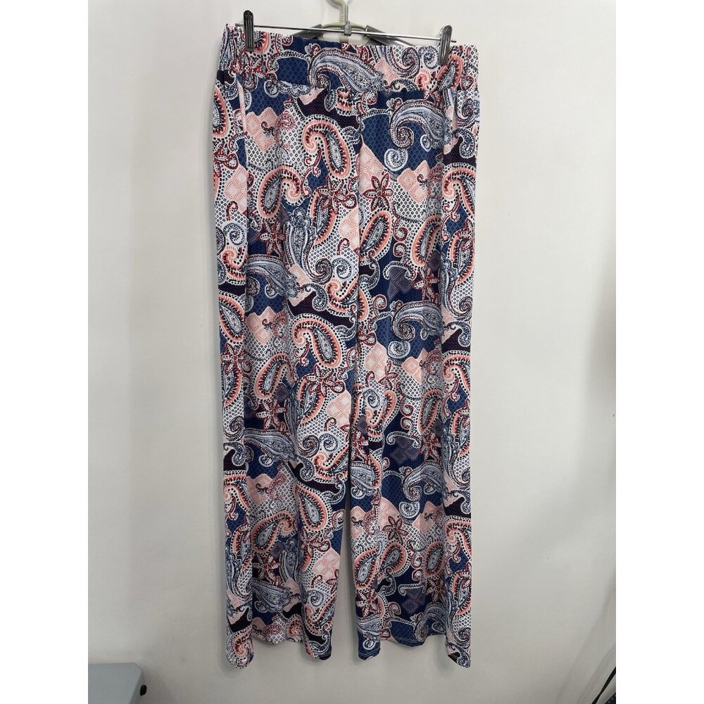 New Direction Pull On Wide Leg Palazzo Pants Paisley Beach Boho Blue Pink L